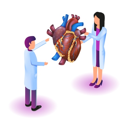 Isometric Image Virtual Reality in Medicine in 3d. Vector Illustration Doctor Studying Heart Disease Diagnosis. Projection Human Heart Detailed Examination Disease. Future Health care Technologyのイラスト素材