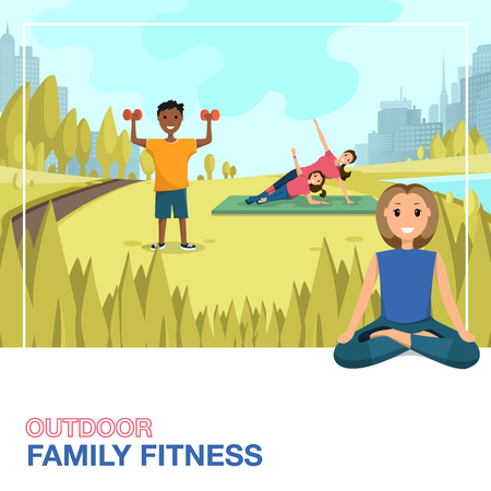 Happy People Doing Fitness Outdoors in City. Outdoor Family Fitness, Urban Landscape. Smiling Women and Children at Fitness Workout Outdoor City Park. Panorama Silhouettes Building Metropolisのイラスト素材