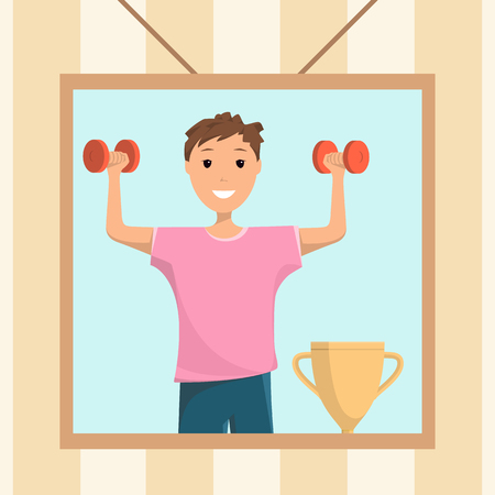 Happy Boy Standing Training with Red Dumbbell.. View Photo Young Smiling Child Holding his Hand Up with Dumbbell who won Prize Competition. Champion Cup. Frame under Photo Hanging on Wallのイラスト素材