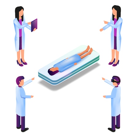 Isometric Group Doctor in Process Virtual Reality. Vector Illustration Man Woman Medical Gown who Use Virtual Reality Glasses Research Patient Diseases. Girl in Medical Gown Before Surgeryのイラスト素材
