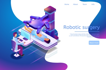 Isometric Banner Illustration Robotic Surgery 3d. Vector Image Medical Process Patient Surgical Operation Using Technologies Future. Male Doctor Controls Medical Robot Using Computerのイラスト素材