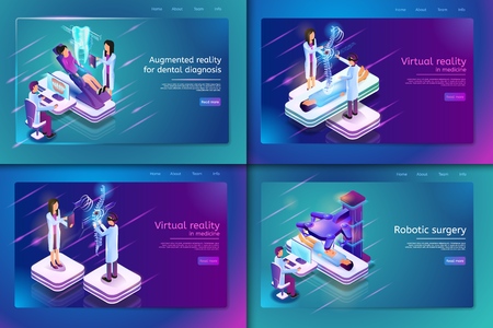 Set Banner Isometric Medical Treatment for Patient. Vector Illustration Group Doctor Examining Diseases in People. Augmented Reality for Dental Diagnosis, Virtual Reality in Medicine, Robotic Surgeryのイラスト素材