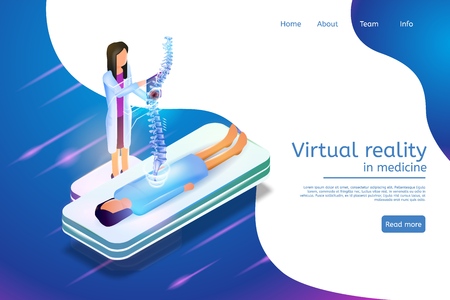 Isometric Banner Virtual Reality in Medicine 3d. Vector Illustration Woman Doctor Studying Problems Spine Projection Patient Uses Virtual Reality Glasses Detailed Diagnosis. Girl Lies Medical Platformのイラスト素材