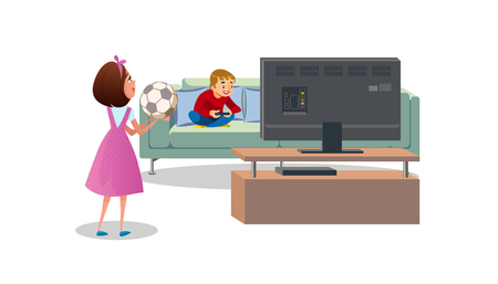 Mother with Soccer Ball in Hands, Asking Playing Video Games Son, Go Outside to Play Football Cartoon Vector Illustration Isolated on White Background. Child Video Games Addiction, Sedentary Lifestyleのイラスト素材