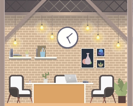 Modern Freelance Coworking Workplace Loft Style. Creative Freelance Company, Cozy Open Space Office Design with Brick Wall. Shared Work Area for Freelancer. Flat Cartoon Vector Illustrationのイラスト素材