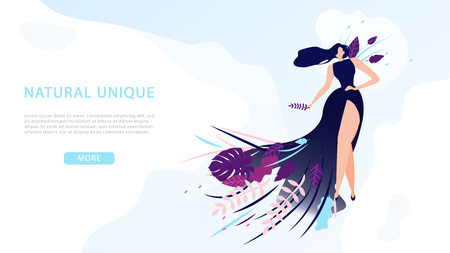 Women Fashion and Beauty Product Flat Vector Web Banner with Lady in Long Evening Dress Covered Leaves Illustration. Stylish Unique Clothing from Organic Natural Materials Manufacturer Landing Pageのイラスト素材