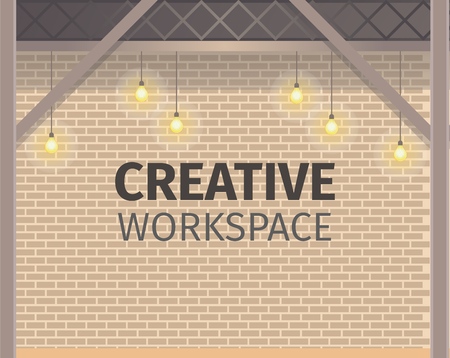 Creative Coworking Workspace. Brick Wall Banner. Freelance Open Area for Business, Work and Study. Shared Workplace Loft Style with Bright Lamp Light. Flat Cartoon Vector Illustrationのイラスト素材