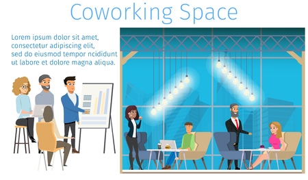 Freelance Working Team in Coworking Space Banner. Smiling Young Character Working by Laptop, Making Presentation, Chatting in Creative Open Area Office. Flat Cartoon Vector Illustrationのイラスト素材