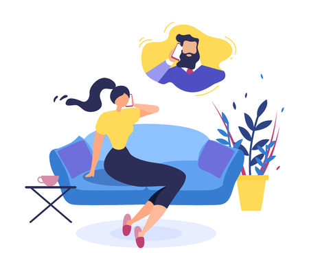 Wife Sitting on Sofa at Home and Calling Husband on Work Flat Vector Isolated on White Background. Woman Making Call to Client Support Line, Company Manager Answering Customers Question Illustrationのイラスト素材