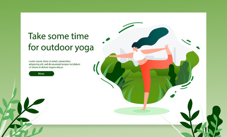 Yoga Practices School Flat Vector Horizontal Web Banner or Landing Page Template with Woman Doing Yoga Exercises in City Park Illustration. Outdoor Activity and Fitness Workout on Fresh Air Conceptのイラスト素材