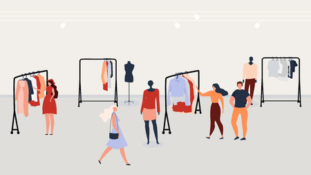 Shopping People Flat Vector with Women Looking at Dresses on Hangers, Choosing and Buying Clothes in Store Illustration. Shop Seasonal Sale, Discounts. Trendy Clothing Collection Presentation Conceptのイラスト素材