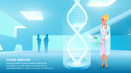 Illustration Girl Doctor Holds Hand Medical Card. Banner Future Medicine. Woman in Uniform Examines Result Study Analyzing Patient. Hologram Dna for Detailed Examination Doctor. Silhouette Two Peopleのイラスト素材