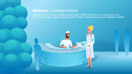 Banner Illustration Medical Consultation Doctor. Vector Image Woman in Medical Uniform Holding in her Hand a Patient Medical Card Standing near Reception. Bearded Man Sitting at Reception Desk Sickのイラスト素材