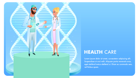 Flat Banner Illustration Public Health Care System. Vector Image Bearded Man and Woman Doctor Standing Discussing Patient Medical Card. Against Background Hologram Cell Dna. Modern Examination Diseaseのイラスト素材