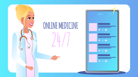 Banner Online Medicine Round Clock Seven Day Week. Vector Illustration Smiling Woman Doctor Consults Patient Online Using Mobile Phone. Technology Modern Medicine. Chat Communication with Clinicのイラスト素材