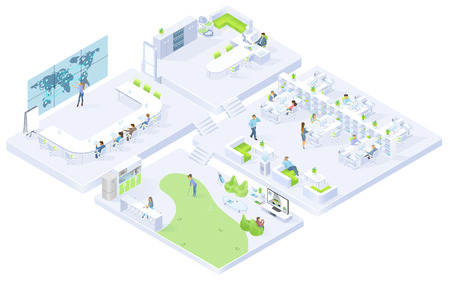 Company Office, Coworking Center Clusters Isometric Vector Cross Section Interiors with Boss in Cabinet, Employees Working in Boardroom and Workplaces in Office, Resting in Lounge Room Illustrationのイラスト素材