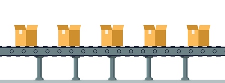 Box on Automatic Mechanical Packing Conveyor Line. Moving Belt with Open Cardboard Package or Parcel on Factory. Warehouse, Storage Boxing Equipment. Flat Cartoon Vector Illustrationのイラスト素材
