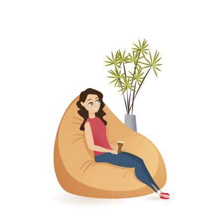 Young Woman Sitting Calm in Brown Beanbag Chair. Smiling Freelance Female Character Holding Cup of Tea or Coffee Having Break, Resting at Coworking Space. Flat Cartoon Vector Illustrationのイラスト素材