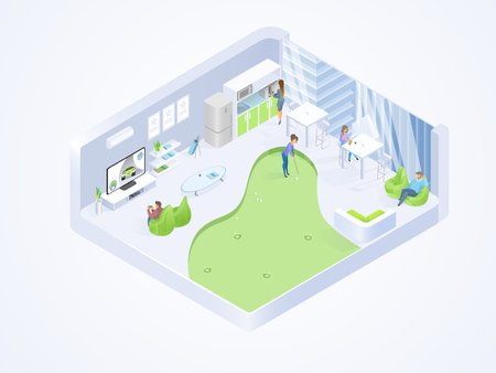 Coworking Center, Company Office Lounge Isometric Vector Cross Section Interior with Business People, Playing Video Game, Resting in Comfortable Armchair,Drinking Coffee Enjoy Golf Illustrationのイラスト素材