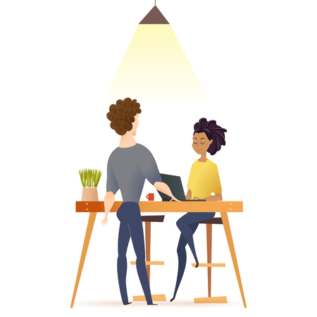 Freelance Couple Work by Table in Coworking Space. Woman Sitting on Chair Working by Computer. Young Coworker Man in Casual Outfit Standing infront. Flat Cartoon Vector Illustrationのイラスト素材