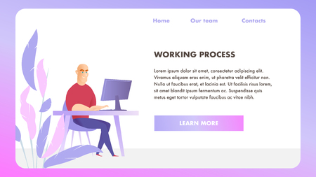 Businessman Character Work Monitor Landing Page. Corporate Employee Desktop Workplace. Working Process. Happy Executive Man Banner Concept for Website or Web Page. Flat Cartoon Vector Illustrationのイラスト素材