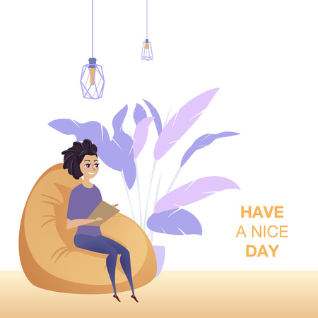 Freelance Woman Character Work Soft Chair Banner. Freelancer Sitting in Coworking Loft Interior. Happy Hipster Designer Busy in Modern Corporate Workspace Flat Cartoon Vector Illustrationのイラスト素材