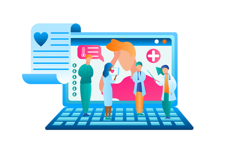 Flat Vector Group Doctor Discuss Patient Treatment. Illustration Man Turned for Help to Doctor Online. Man and Woman Medical Professional Standing on Laptop are Discussing Symptom Patient Illness.のイラスト素材