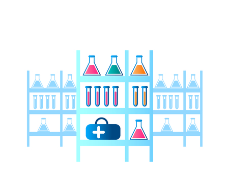 Illustration Medical Laboratory Researching Virus. Vector Image Rack on Which Medical Equipment is Located. Shelf with Ampoule, Flask, Set Medical Drug. Biological Research Virus. on White Backgroundのイラスト素材