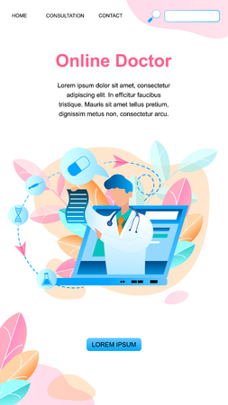 Banner Online Doctor Writes Prescription Treatment. Vector Illustration Man White Medical Gown, Laptop Monitor Placed on Screen, Holds his Hand Prescription for Treating Disease. Medical Consultationのイラスト素材