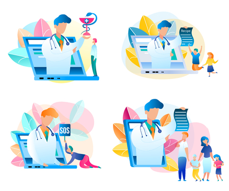 Set Flat Vector Medical Consultation Doctor Online. Illustration Male Pediatrician, Placed on Screen Laptop, Tablet. Prescription Treatment whole Family. Medical Examination. Guy Asks Help Specialistのイラスト素材