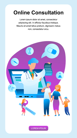 Family with Sick Child Communicate Pediatrician. Banner Vector Illustration Online Consultation Medical Specialist. Prescription Treatment Disease. Little Girl Measures Thermometer Body Temperatureのイラスト素材
