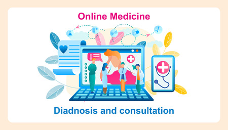 Banner Illustration Modern System Online Medicine. Vector Image Group Doctor Diagnosis and Consultation Patient Using Laptop. Guy Holds on to Sore Head on Monitor Screen. Mobile Phone with Stethoscopeのイラスト素材