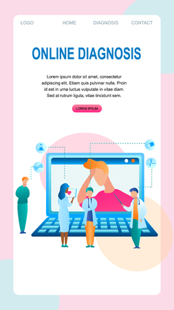 Illustration Online Diagnosis Patient Diagnostics. Banner Vector Group Doctor Standing in Front Laptop Screen, Prescribing Medical Treatment for Male Patient. Meeting Specialist. Definition Disease.のイラスト素材
