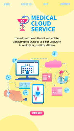 Illustration Patient Health Data Transfer System. Banner Vector Medical Cloud Service. Clinic Receives Patient Health Data Computer. Doctor Online Monitors Heart Person. Device for Life Indicatorのイラスト素材