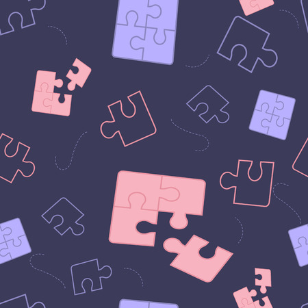 Illustration Components Puzzle on Dark Background. Pattern Vector Image Pink, Blue and Silhouette Puzzle Detail. Connection into One. Piece by Piece. Design Overall Picture. Isolated Blue Backgroundのイラスト素材