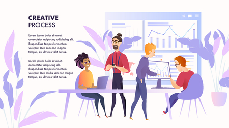 Illustration Working Space Team People Specialist. Banner Vector Group Men and Woman Passionate About Creative Process. Two Guy are Studying Graph Growth Indicator on Computer Monitor.のイラスト素材