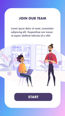 Vector Illustration Join Our Team Professional. Banner Image Cozy Office, Workspace. Man and Woman in Work Setting. Two People are Discussing Working Draft. Group Specialist in their Fieldのイラスト素材