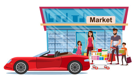 Wealthy Family Flat Vector Concept with Happy Smiling Parents and Kids Carrying Packets, Pushing Shopping Cart Full of Wrapped Gifts to Their New, Luxury Sport Car near Store Entrance. Family Shoppingのイラスト素材