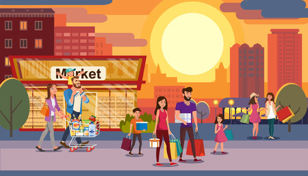 Shopping in Big City Flat Vector Concept. Happy Smiling People, Parents with Kids Walking Streets with Packets and Cart Full of Food Products Illustration. Family Holiday Shopping. Sale and Discountsのイラスト素材