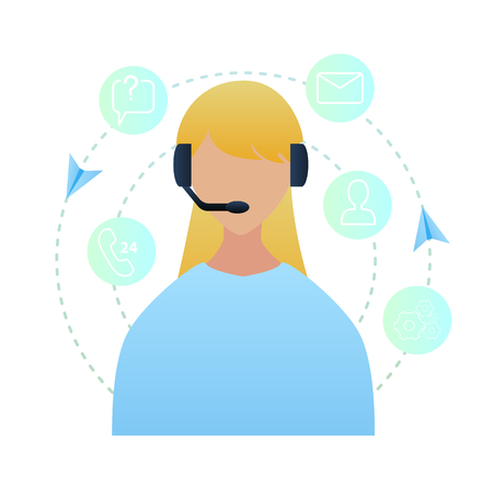 Illustration Portrait Woman Worker Call Center. Vector Image Girl Headphones with Microphone, Consult Customer an Online Store. Technical Customer Support. Communication. Round Clock Telephone Inquiryのイラスト素材