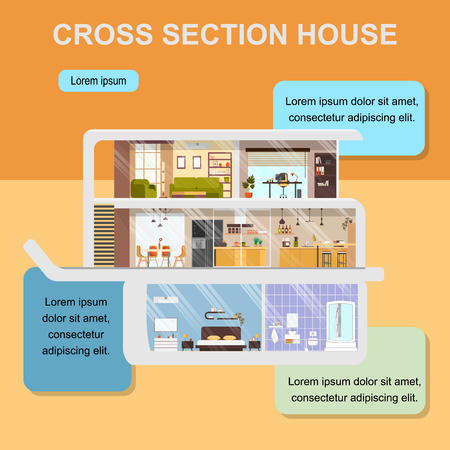 Building, Interior Design or Architecture Company Square Web Banner or Landing Page with House Rooms Cross Section Detailed Plan Illustration. Real Estate Object Benefits and Features Infographicsのイラスト素材