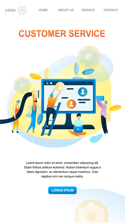 Illustration Group People Customer Support Worker. Banner Vector Image Process Work and Construction Customer Service Department Online Store. Technical Support Client. Site Setup on Computer Monitorのイラスト素材