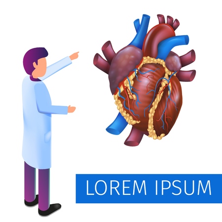 Isometric Banner Virtual Reality in Medicine in 3d. Vector Illustration Doctor Studying Heart Disease Diagnosis. Projection Human Heart Detailed Examination Disease. Future Health care Technologyのイラスト素材
