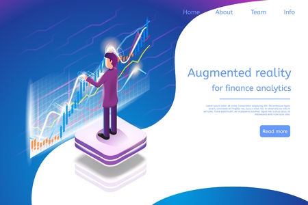 Isometric Augmented Reality for Finance Analytics. Vector Banner Illustration Man Broker are Working Analytics Business Graph Finance Graph. Stock Trading in Online Financial Marketのイラスト素材