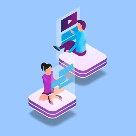 Isometric Image Gaming in Virtual Reality in 3d. Vector Illustration Man and Woman Friend Chat Online. Modern Technologies Future for Communication People. Internet Allows You Keep Touchのイラスト素材