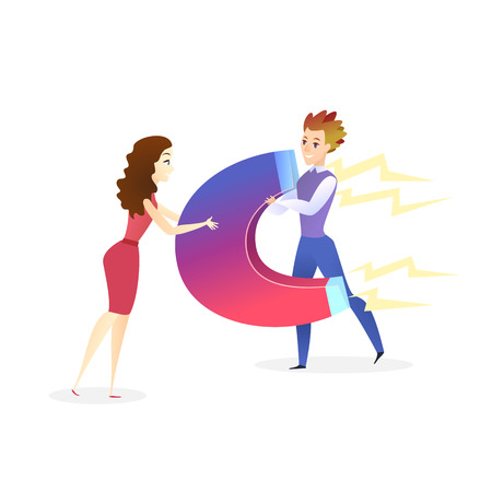 Young Beautiful Woman Attracting Man with Magnet, Girl Using Personal Ability to Attract and Charm People, Businessman and Businesswoman Characters Working Together Vector Illustrationのイラスト素材