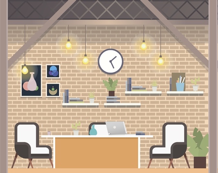 Creative Coworking Workspace Company, Cozy Office. Light Open Space Interior Design. Shared Work Area with Office Furniture, Laptop for Freelance Business. Flat Cartoon Vector Illustrationのイラスト素材