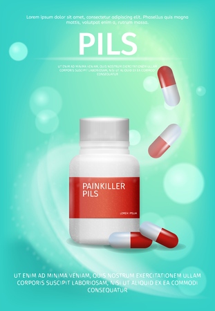 Banner Advertisement Packaging Painkiller Pils. 3d Vector Illustration Infographic Medication Falling Tablet Beside to Pack Pill. Rheumatic Disease Treatment. Rheumatologist Prescriptionのイラスト素材