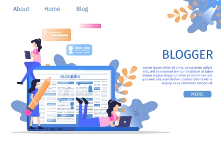 Social Media Digital Blogger Writer Character. Creative Copywriter hold Pencil and Work on Laptop to Write Article Content. Student Edit Blog Text Banner Flat Cartoon Vector Illustrationのイラスト素材