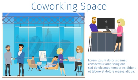 Group of Freelancer in Coworking Studio Banner. Work in Shared Workspace. Smiling Character Freelance Team Working by Laptop, Talking, Meeting in Open Space. Flat Cartoon Vector Illustrationのイラスト素材